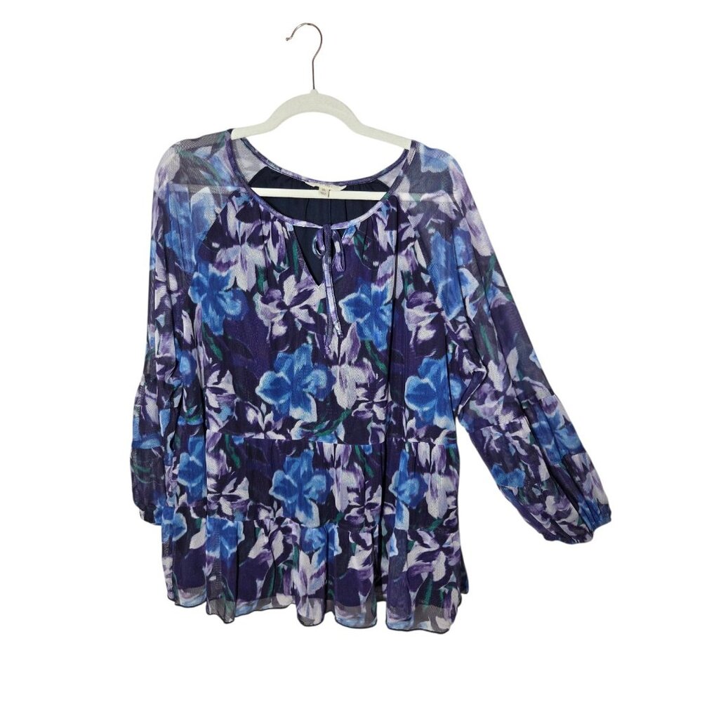 Terra & Sky Purple Blue Floral LS Chiffon Peasant Blouse Top 0X (14W)